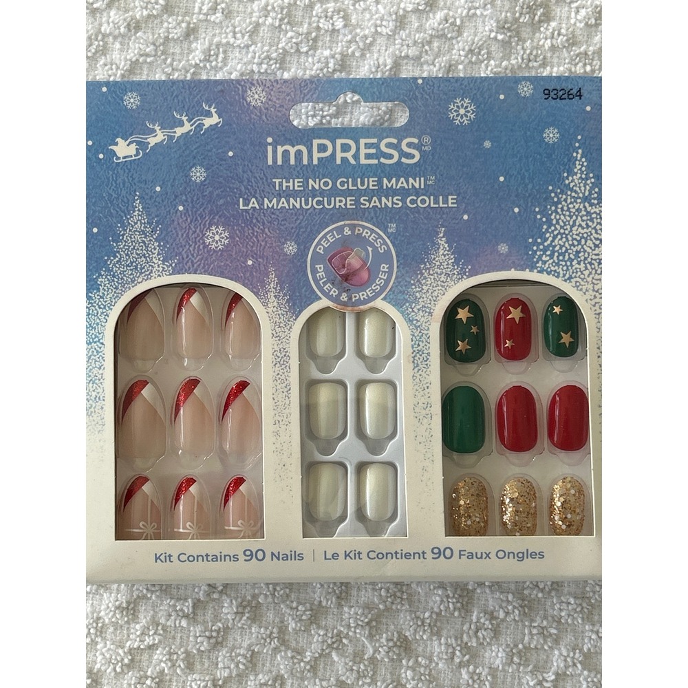 imPRESS Christmas Holiday Press On Nails 90 Nail Kit Red Green Gold Stars